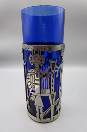 Blau Zylinder-Vase in Zinn-Montierung mit Figuren